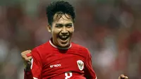 Selebrasi pemain Timnas Indonesia U-23, Witan Sulaeman setelah mencetak gol kedua ke gawang Yordania U-23 pada laga ketiga Grup A Piala Asia U-23 2024 di Abdullah bin Khalifa Stadium, Doha, Qatar, Minggu (21/4/2024). (AFP/Karim Jaafar)