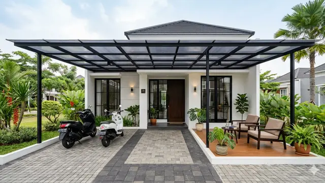 Ide Kanopi Teras Depan Rumah yang Cocok untuk Parkir Motor dan Santai. Gemini