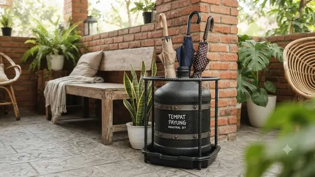 Tempat Payung Bernuansa Industrial dengan Cat Hitam dan Aksen Besi (AI Generated)