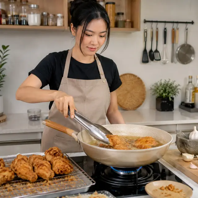 ilustrasi seorang perempuan membuat ayam goreng bawang putih