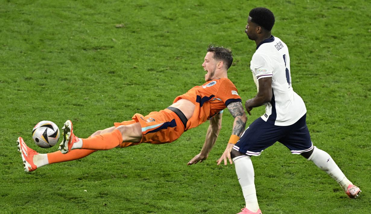 Inggris sukses melaju ke final Euro 2024 usai mengandaskan Belanda dengan skor 2-1. (INA FASSBENDER / AFP)