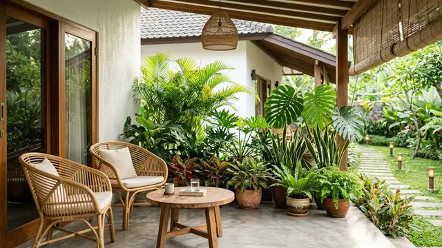 Teras Bergaya Resort dengan Kombinasi Berbagai Tanaman Daun