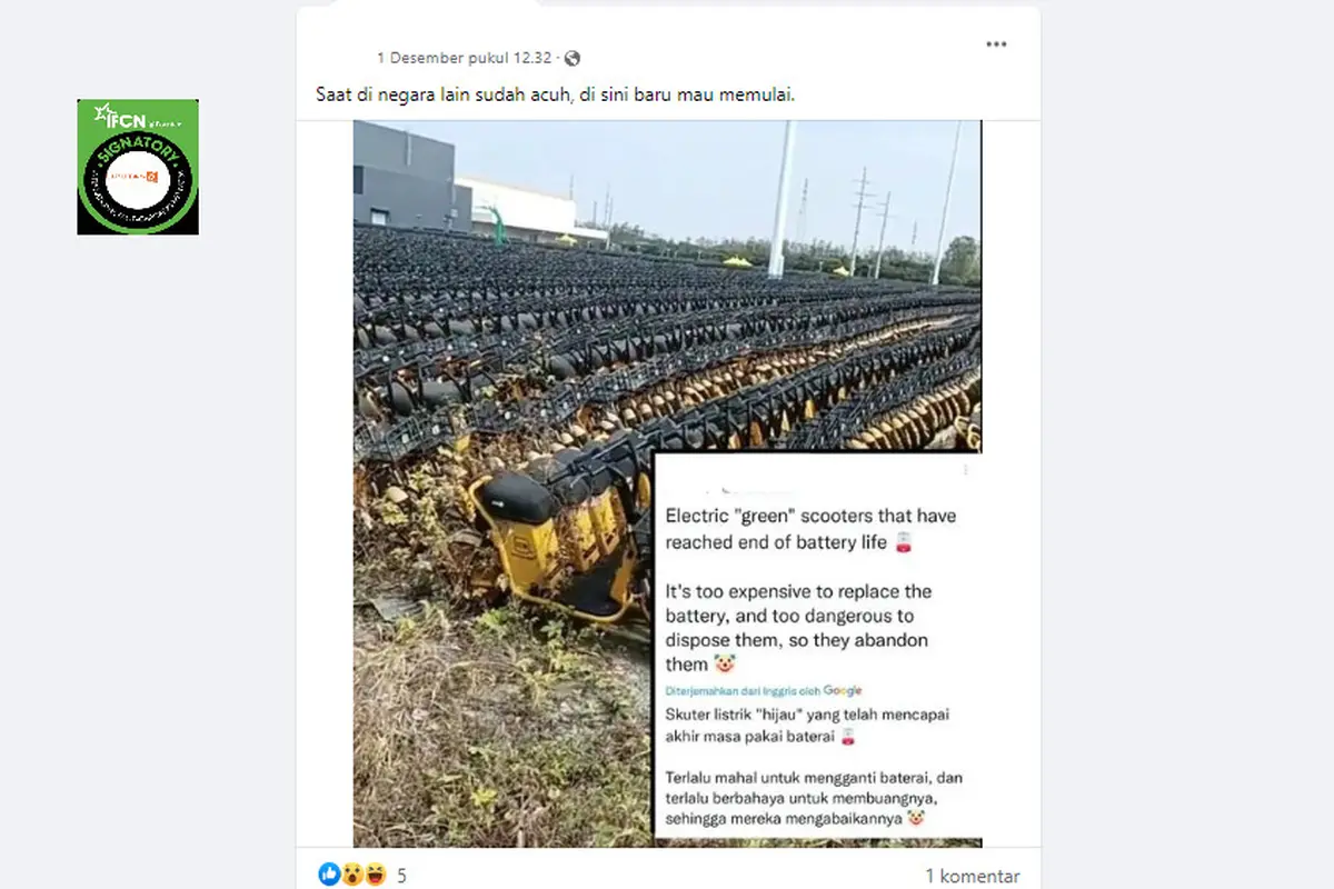 Tangkapan layar klaim foto barisan motor listrik mangkrak karena mahalnya baterai