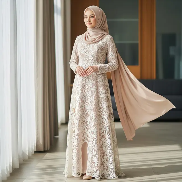 9 Model Gamis Brokat Modern dengan Hijab Pashmina, Tampil Anggun dan Kekinian