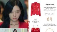 Kim Ji Won memakai busana serba merah dari Balmain. Ia juga menenteng tas Valentino dan mengenakan perhiasan dari Bulgari yang mewah. (dok. Instagram @kfashionsin/https://www.instagram.com/p/C5KKnpwvcBL/?utm_source=ig_web_copy_link/Rusmia Nely)