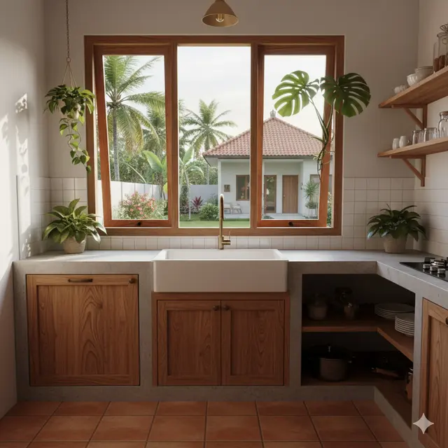 Desain Dapur Kecil Ala Tropis dengan Nuansa Kayu untuk Rumah Desa yang Hangat