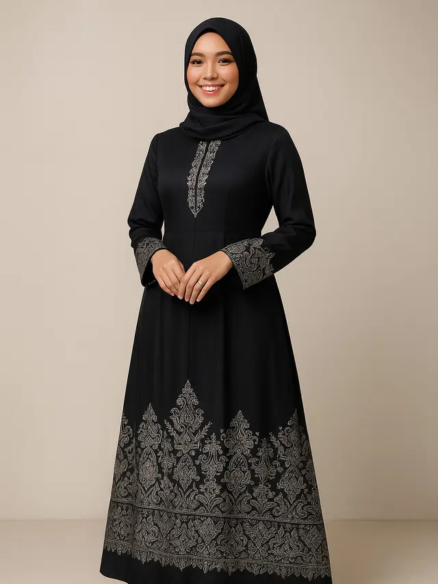 Model Gamis Batik Kombinasi Hitam Polos dan Silver/Ilustrasi AI