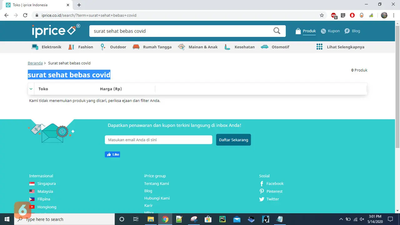 penelusuran dengan kata kunci "surat sehat bebas covid" di agregator eCommerce platform, iPrice