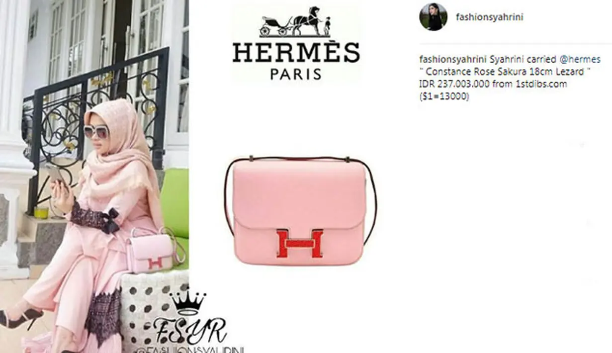 Syahrini tampil cantik saat mengenakan hijab berwarna merah muda. Penampilannya makin sempurna dengan tas Hermes dengan warna senada. Tas kecil itu berharga Rp 237.003.000. (Foto: instagram.com/fashionsyahrini)