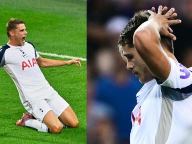 Foto kolase ekspresi selebrasi dan kecewa pemain Tottenham Hotspur, Micky van de Ven dalam laga final UEFA Super Cup 2025 melawan PSG di Bluenergy Stadium, Udinese, Italia, Rabu (13/08/2025) waktu setempat. (Foto kolase:AP Photo/Denes Erdos dan AFP/Marco Bertorello)