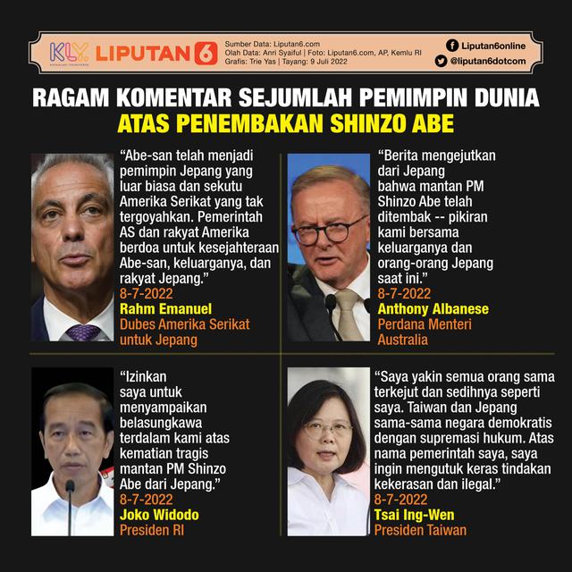 Infografis Ragam Komentar Sejumlah Pemimpin Dunia atas Penembakan Shinzo Abe. (Liputan6.com/Trieyasni)