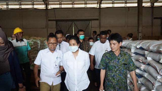 Menteri Rini tinjau persediaan pupuk di Cianjur.