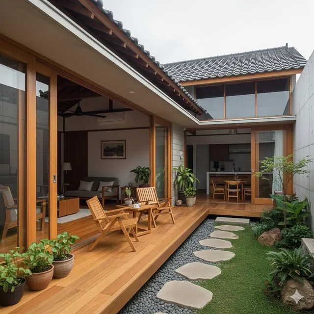 Teras Kayu Menyatu dengan Taman (Engawa)