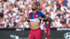Pemain Barcelona Gabriel Jesus bereaksi dalam laga Liga Spanyol antara Valencia vs Barcelona di Valencia, Spanyol, Minggu, 6 September 2026. (AP Photo/Alberto Saiz)