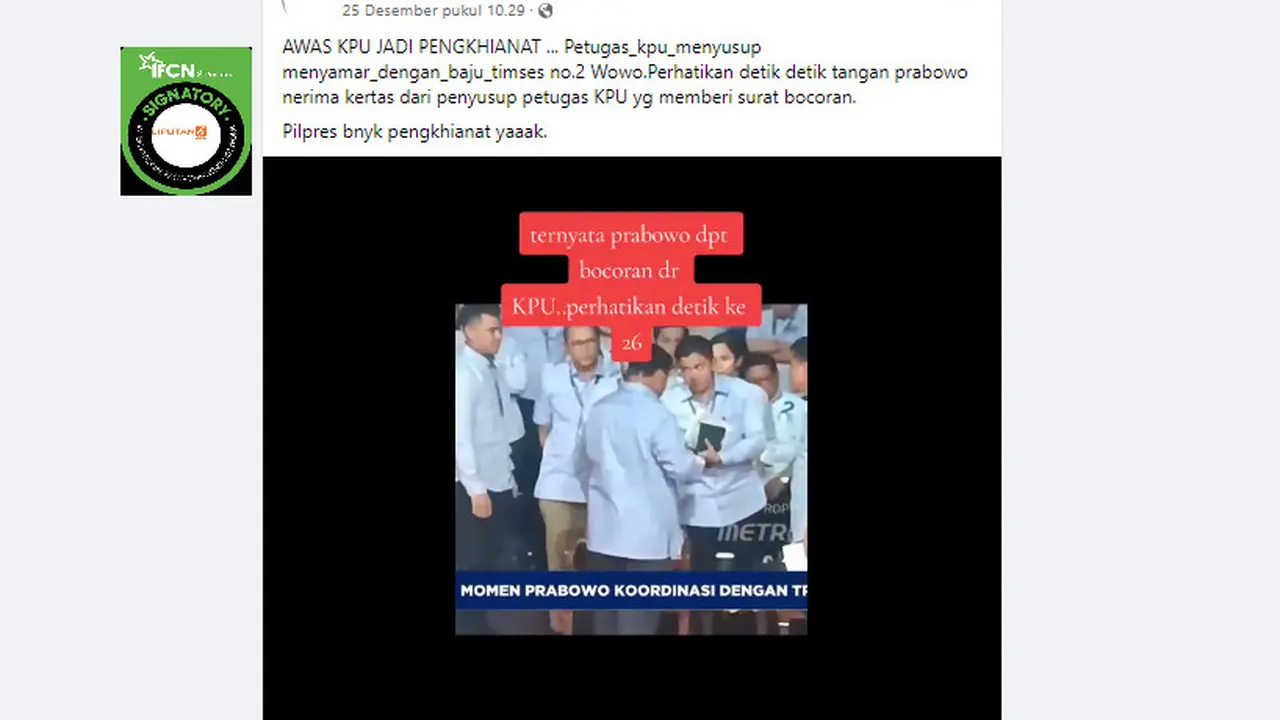 Tangkapan layar klaim video petugas KPU memberikan surat bocoran ke Prabowo