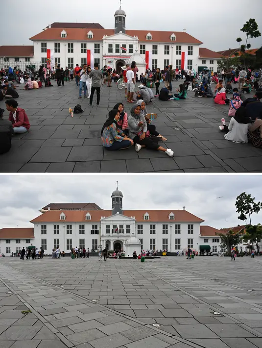 Wisatawan berkumpul di luar Museum Sejarah Jakarta di kawasan Kota Tua Jakarta pada 18 Agustus 2018 (atas) dan pada 7 Maret 2020. (Adek BERRY, Aamir QURESHI/AFP)