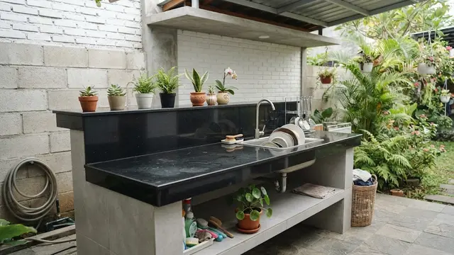 Desain Tempat Cuci Piring Belakang Rumah dengan Meja Cor Dua Tingkat