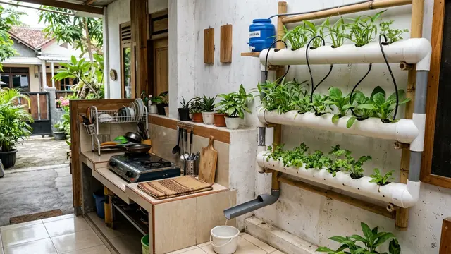 Ide Kebun Sayur Vertikal dari Paralon Bekas di Dapur Terbuka (AI Generated)