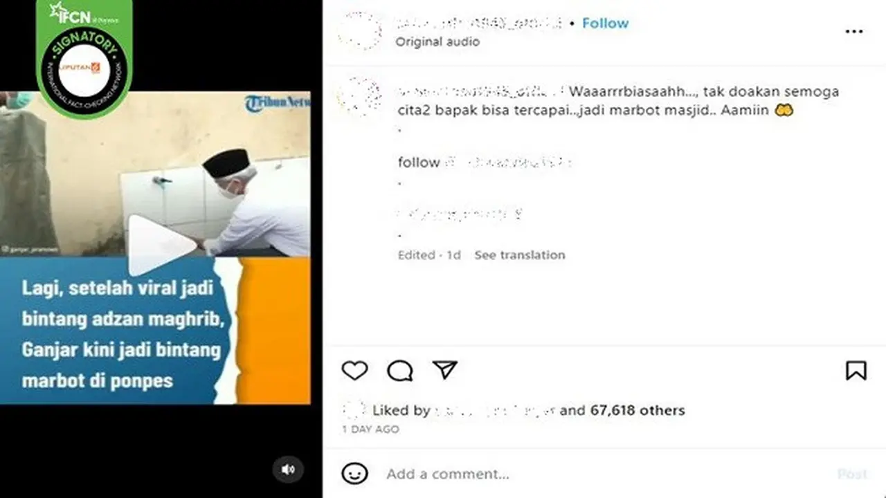 Beredar video yang diklaim bakal calon presiden (capres) yang diusung PDIP Ganjar Pranowo menjadi marbut masjid. (sumber: Instagram)