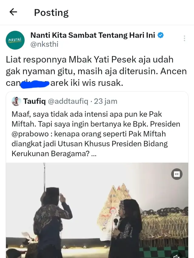 Respons netizen terhadap lawakan Gus Miftah terhadap Yati Pesek. (Foto: Dok. Twitter @nksthi)