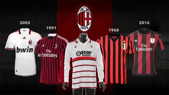 Video jersey sepak bola klub AC Milan dari tahun 1963 hingga 2016.
