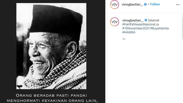 Unggahan Vino G Bastian pada Hari Pahlawan 2020. (Instagram/ vinogbastian__)