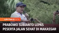 Menteri Pertahanan yang juga calon presiden dari Partai Gerindra, Prabowo Subianto melepas peserta jalan sehat di Makassar, Sulawesi Selatan. Prabowo sempat diteriaki presiden, oleh sejumlah peserta jalan santai.