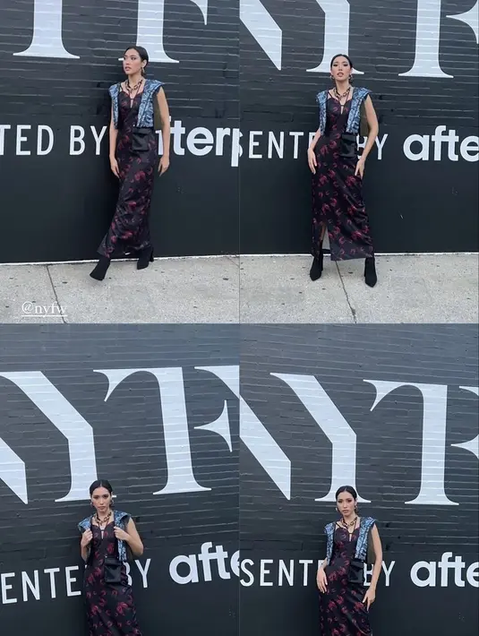 Putri Indonesia 2022, Laksmi Shari pun hadir NYFW mengenakan slit dress hitam bermotif merah, dipadukan outer tanpa lengan. Ia pun menambah penampilannya denhan sepatu boots heels hitam dan kalung layering. @laksmideneefe