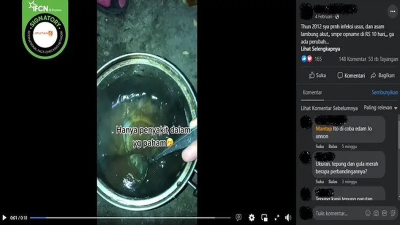 Gambar Tangkapan Layar Klaim Klaim Mengonsumsi Rebusan Tepung Kanji dan Gula Merah Bisa Sembuhkan Asam Lambung Akut (sumber: Facebook).