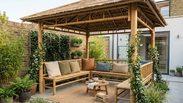 Gazebo Bambu dengan Kursi Permanen dan Area Lesehan