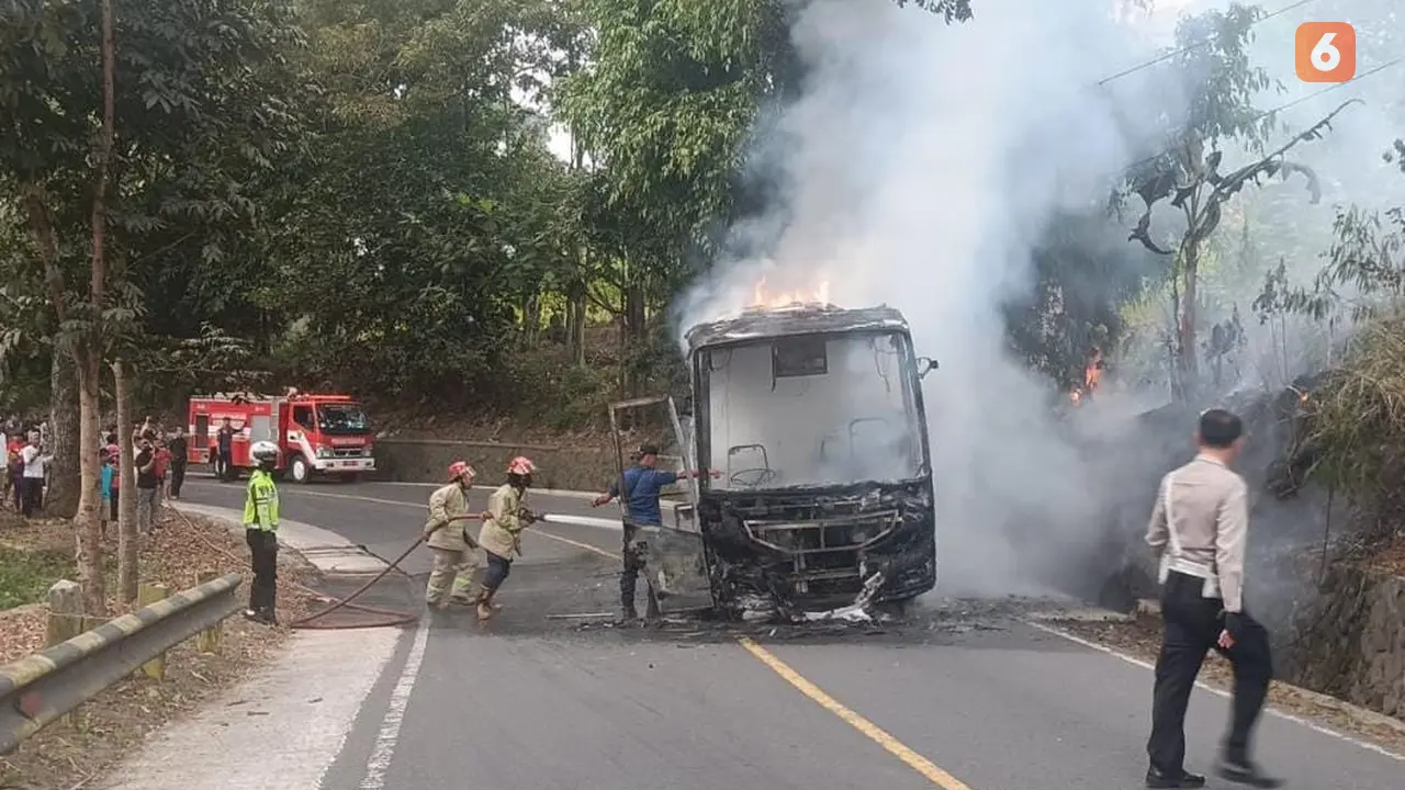 Tim pemadam kebakaran saat memadamkan bus terbakar di Jalan Raya Cibadak-Sukabumi (Liputan6.com/Istimewa).