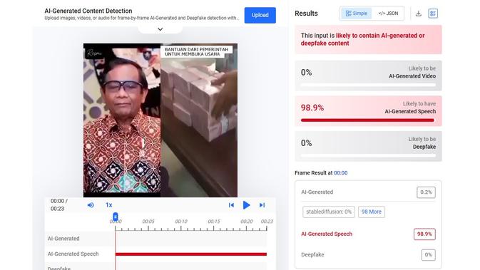 Video klaim Mahfud Md mengumumkan bantuan modal usaha dari rampasan aset koruptor menunjukkan hasil AI. (Foto: tangkapan layar Hive Moderation)