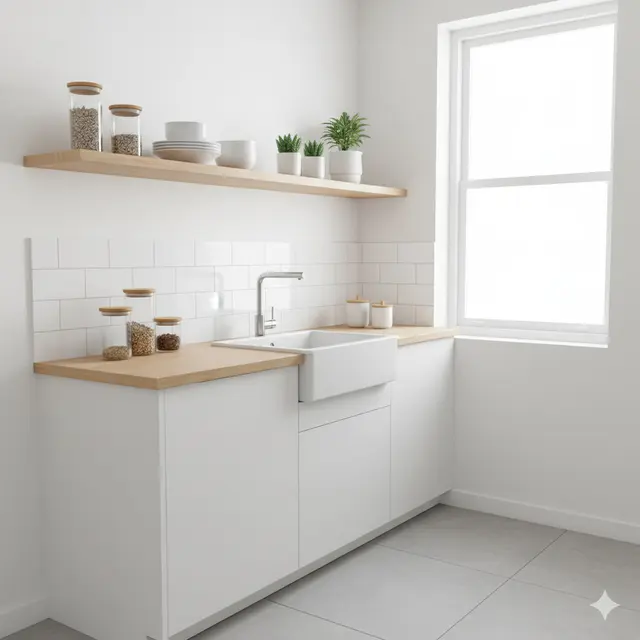 Desain Dapur Minimalis 2x3 Meter dengan Rak Kayu Gantung Ala Rustic Modern. Gemini
