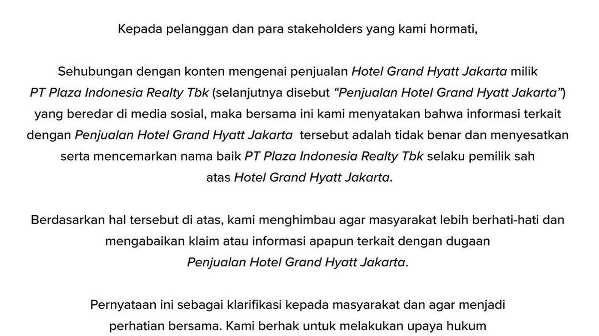 Heboh Hotel Grand Hyatt Jakarta Dijual Rp12,5 Triliun, Plaza Indonesia Akhirnya Klarifikasi