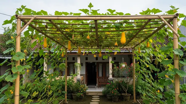 6 Inspirasi Kebun Labu Kuning Rambat di Kanopi Bambu untuk Peneduh Halaman