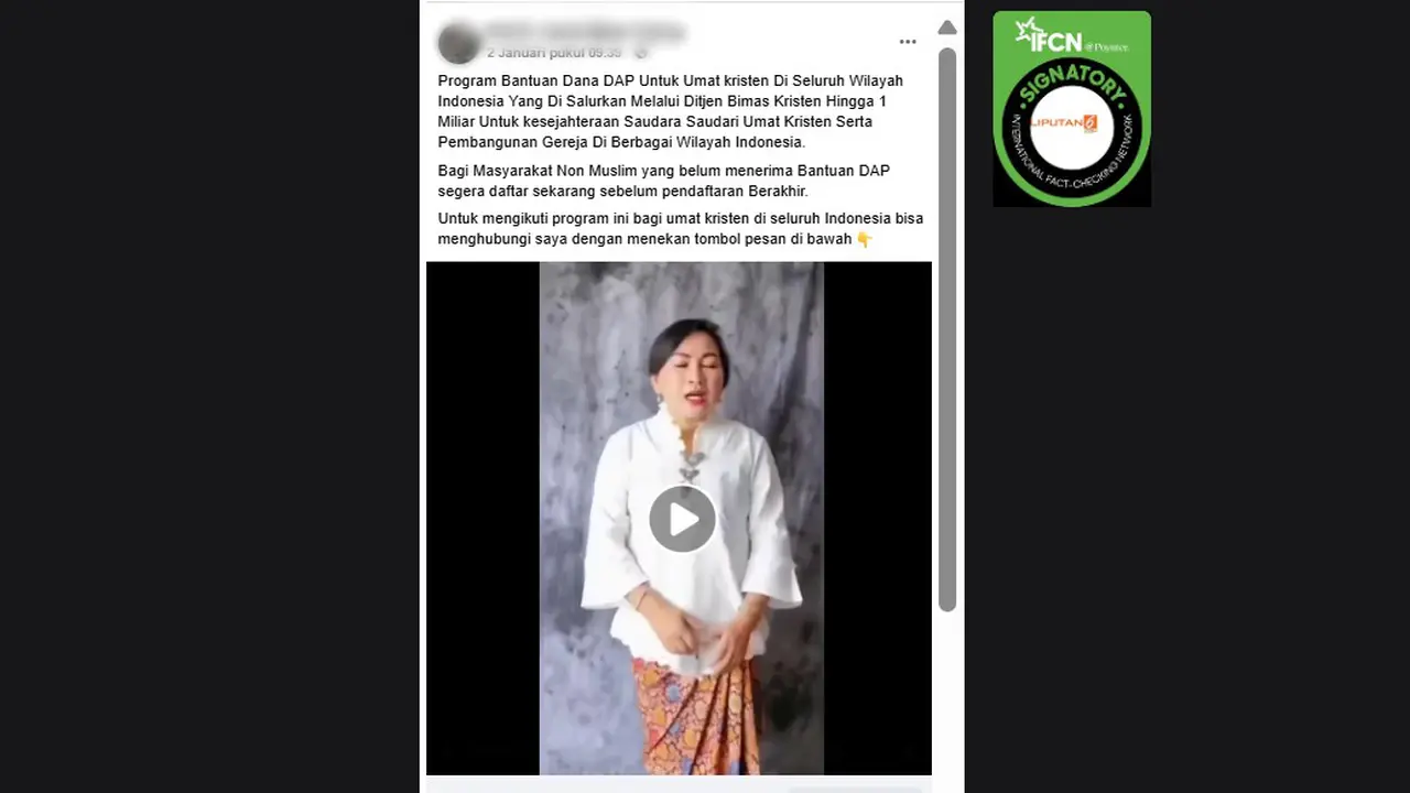Tangkapan layar klaim link pendaftaran untuk mendapatkan bantuan dana DAP untuk umat Kristen dari Australia yang beredar di Facebook