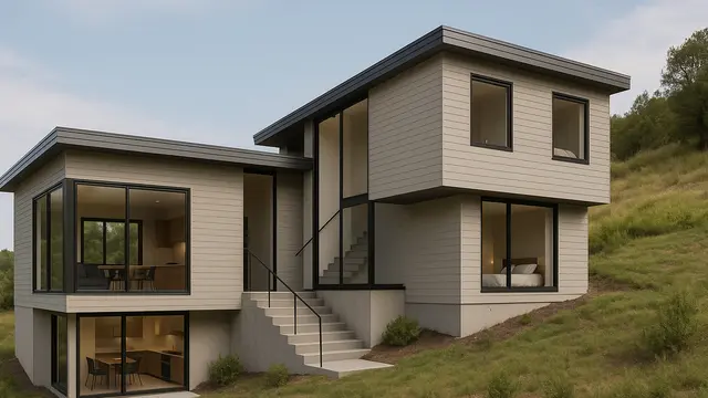 Model Desain Rumah L-Shape Dua Lantai Split-Level/Ilustrasi gambar oleh AI