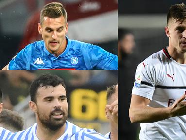 Penyerang anyar AC Milan, Krzysztof Piatek terus konsisten mencetak gol sejak kedatangan pemain 23 tahun tersebut ke San Siro. Raihan satu gol ke gawang Empoli membuanya menempel Cristiano Ronaldo di puncak. (Kolase Foto AFP)