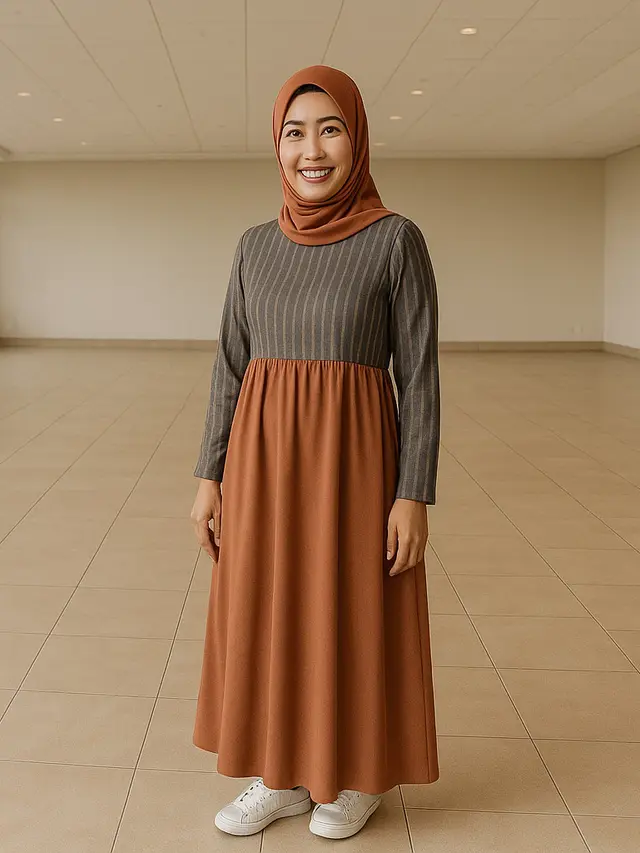 Model Gamis Lurik Kombinasi Polos Terbaru untuk Ibu-Ibu Usia 40 Tahun/via ChatGPT