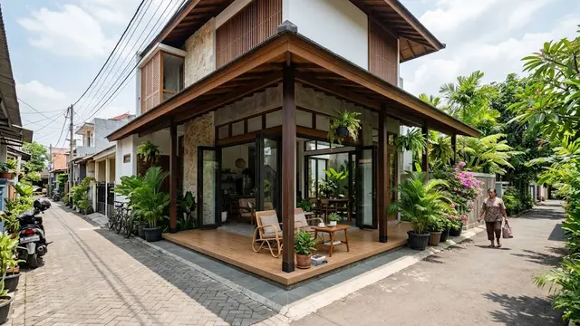 Model Rumah untuk Lahan Pojok Gang yang Tetap Terang dan Berangin (AI Generated)