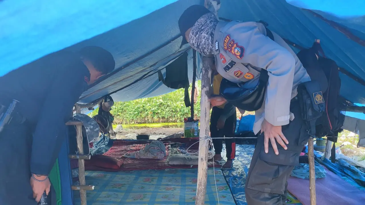 Personel Polda Riau mengecek tenda tempat harimau serang pekerja di Kabupaten Pelalawan.