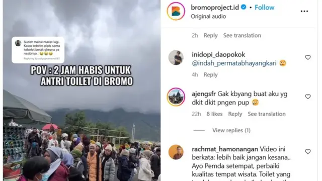 Gunung Bromo Dipadati Pengunjung, Antre Masuk Toilet sampai 2 Jam.  foto: (dok.Instagram @bromoproject.id/https://www.instagram.com/bromoproject.id/https://www.instagram.com/bromoproject.id/reel/DFUsYj-vnrG/Henry)