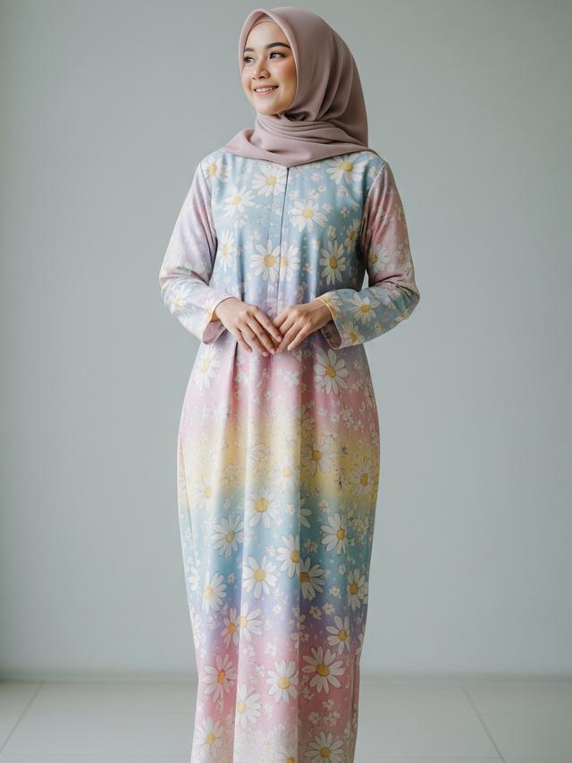 Gamis Batik Straight Cut Motif Bunga Daisy Pastel