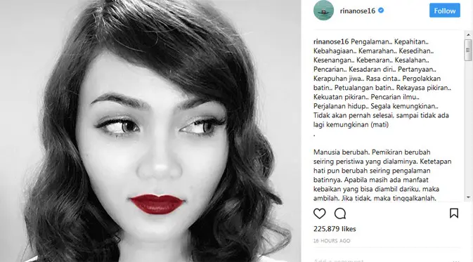 Di unggahannya itu, Rina pun menuliskan caption yang cukup panjang. Pada intinya, ia memberi pengumuman lantaran tidak berhijab lagi. Selain itu, ia menerima jika banyak pihak yang  kecewa atas keputusannya ini. (Instagram/rinanose16)