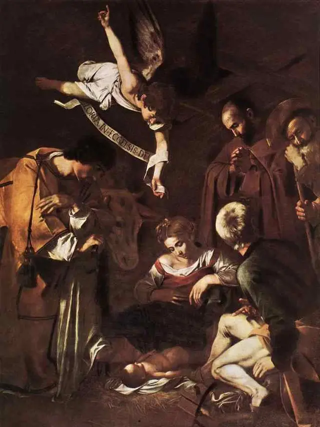 Nativity with San Lorenzo and San Francesco oleh Caravaggio