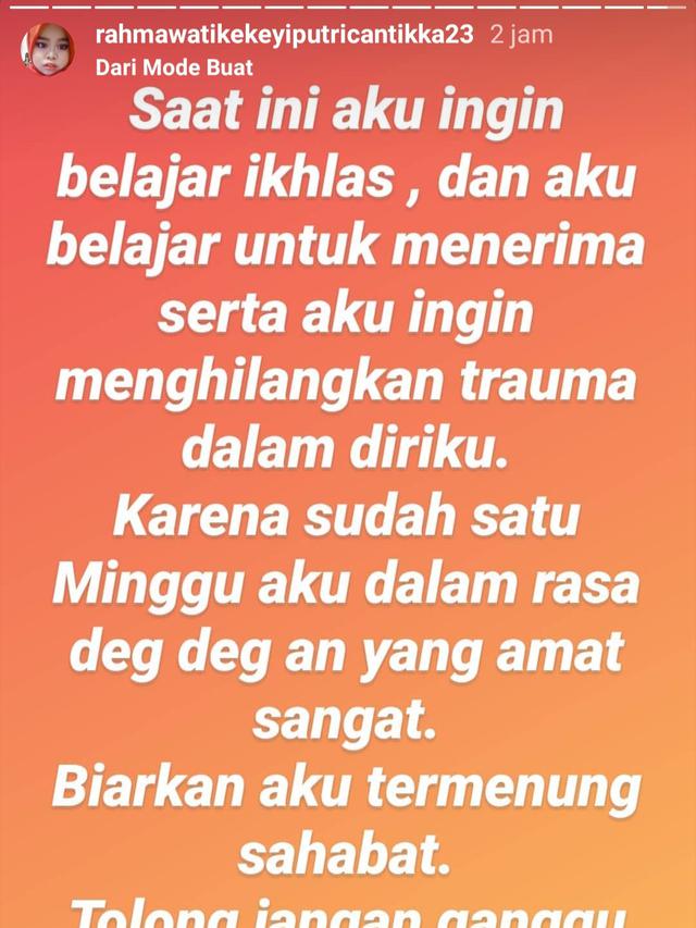 Unggahan Rahmawati Kekeyi. (Foto: Instagram @rahmawatikekeyiputricantikka23)