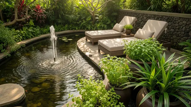 Teras dengan Kolam Mini dan Kebun Herbal