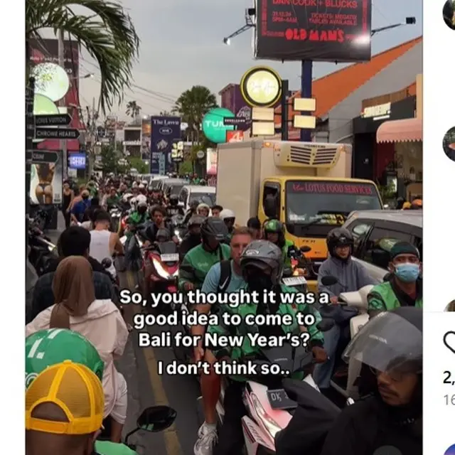 Kemacetan di Canggu Bali jelang tahun baru.  foto:  (dok.Instagram @thatgirl.lin/https://www.instagram.com/reel/DENb4yLz1hU/Henry)