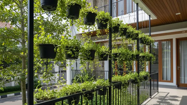 Teras Tinggi dengan Railing Besi dan Deretan Tanaman Hias