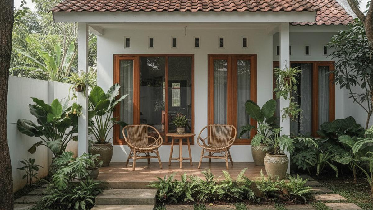 8 Model Rumah Kecil Tapi Luas dengan Tanaman Daun Lebar di Teras Depan, Asri
